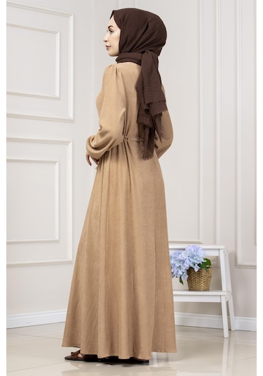 Beli Tünelli Fitilli Aslı Elbise-vizon-5464 Vizon