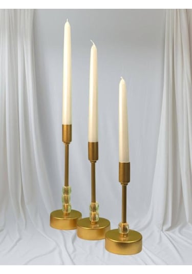 Üçlü Metal Mumluk Gold Boyalı Sarı