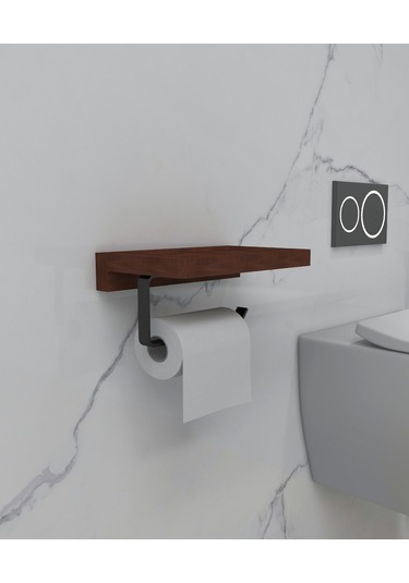 Papatya Masif Ahşap Raflı Tuvalet Kağıtlık, Metal Duvar Tipi Askı Siyah