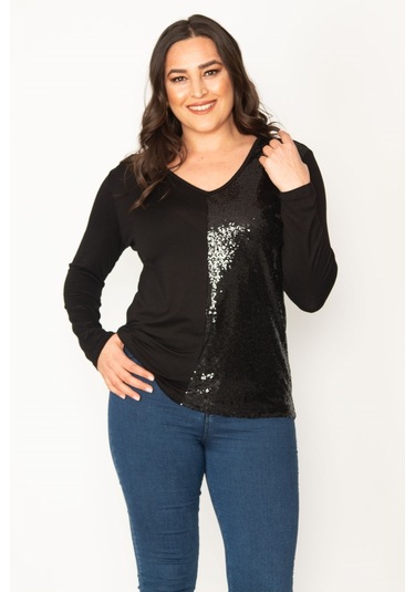 Kadın Siyah Yarısı Pul Payet Detaylı V Yaka Bluz 65n30422-siyah Siyah
