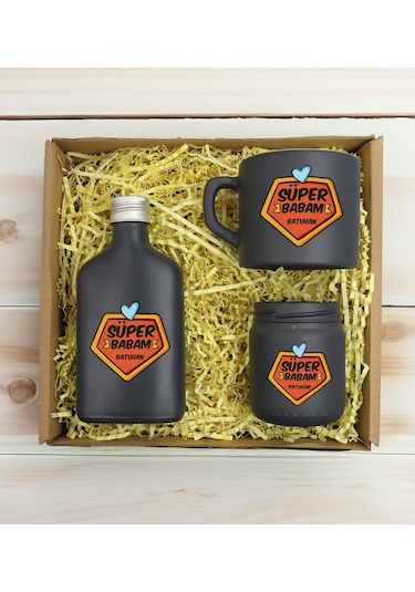 Bk Gift Kişiye Özel İsimli Dtf Baba Temalı Antrasit Kahve Fincanı + Kolonya + Mum Seti 1