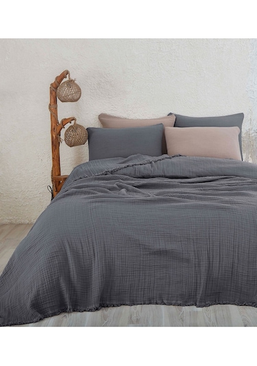%100 Pamuk Çift Kişilik Müslin Yatak Örtüsü 4 Katlı Yumuşak Battaniye Müslin Pike Takımı 3 Parça Antrasit Koyu Gri