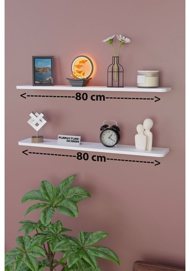 Dekoratif Uçan Duvar Rafı 2 Adet Gizli Monteli Raf Oval Kesim 80x18 Cm Beyaz