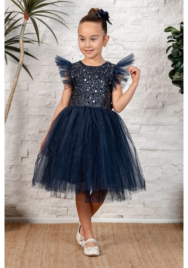 Tüllü Kız Çocuk Kpl Elbise Mnk0526 Lacivert