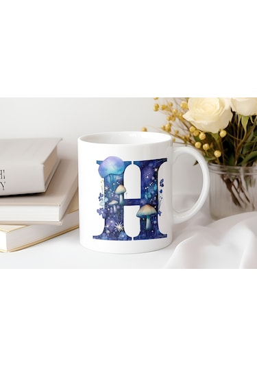 H Baş Harfi Fantastik Mantarlı Kupa Bardak - Kişiye Özel Masalsı Bardak - Hediye Beyaz