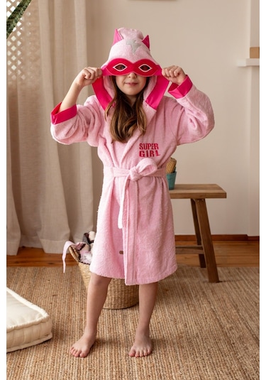 Formeya Kapşonlu Çocuk Bornoz %100 Pamuk Su Emici Pembe Hero Pembe