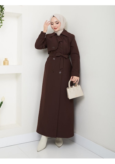 Amazon Keten Kumaş Uzun Boy Düğmeli Astarlı Yumuşak Dokulu Trenç Kot Koyu Kahve Koyu Kahverengi