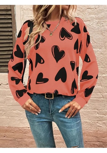 Leyla Sanat Sanata Yeni Bir Bakış Açısı Kadın Uzun Kollu Bisiklet Yaka Kalp Desenli Iki Iplik Bluz Turuncu