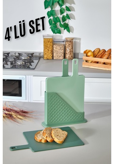 4 Parça Standlı Kesme Tahtası Seti - Ekmek/ Et/ Sebze Kesme Tahta