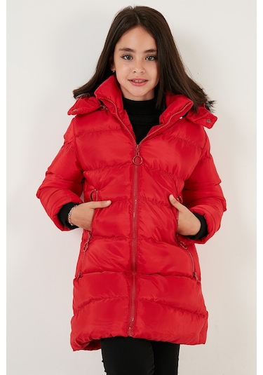 Lela Peluş Astarlı Yakası Suni Kürklü Çıkarılabilir Kapüşonlu Kışlık Kız Çocuk Mont 5766038 Kırmızı