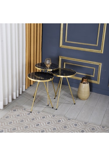 Zigon Sehpa 3'Lü Altın Metal Ayak Bendir Altın