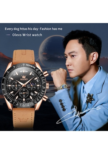 Olevs 9957 Erkekler Aydınlık Su Geçirmez Deri Kayış Kuvars Saat Siyah + Gül Altın