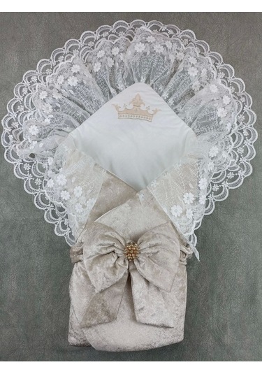 Yenidoğan Saray Kadife Taç Nakışlı İnci Fiyonklu Çift Dantel Duvak Trilüks Kundak Bebek Battaniyesi Vizon-ekru Ekru - Vizon