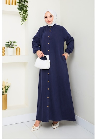Ziyer Boydan Düğmeli Kot Elbise 1498 - Lacivert Lacivert