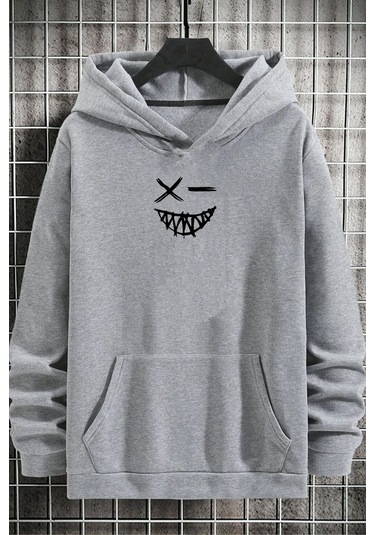 Cartoon Graphic Thermal Lined Drawstring Sweatshirt Gri