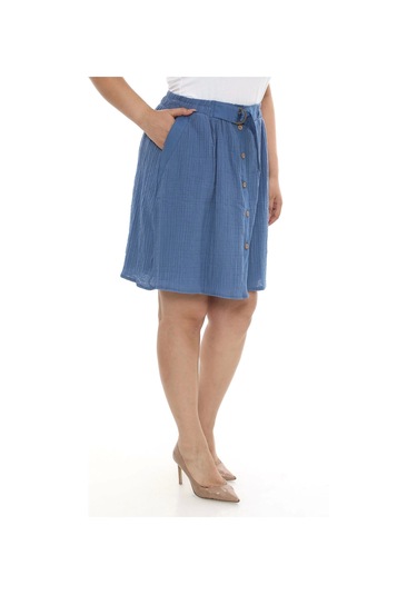 Büyük Beden Kadın Astarlı Müslin Kumaş Düğmeli Cepli Etek İndigo Mavi