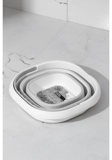 Porsima 2li Katlanır Temizlik Seti - Katlanır Sepet 25lt - Katlanır Kova 10lt Beyaz - Gri