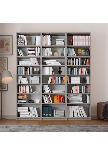 Asra Trend K-26 %100 MDF 180 cm 3 Modüllü Kitaplık 21 Raflı Dev Kütüphane Retro Taş