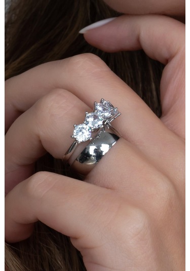 Takı Dükkanı Rodyum Kaplama 6mm Gümüş Alyans Ve Gümüş Beştaş Yüzük Seti Wsr121