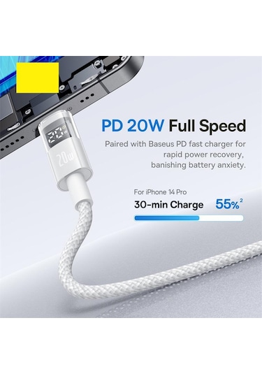 Baseus Display 20w Type-c - 8 Pin Hızlı Şarj Kablosu, Uzunluk:2m Cbtx