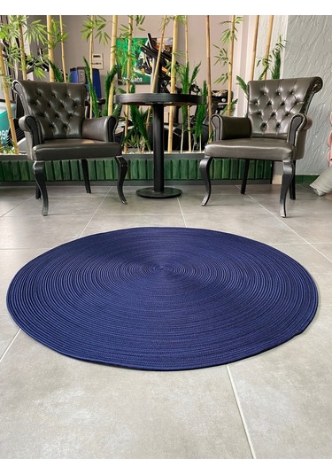 Siyah Jüt Yuvarlak Hasır Görünümlü Klasik Halı Kilim Lacivert