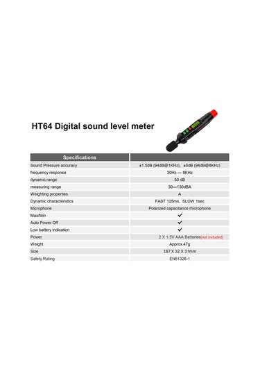 Springsun Habotest Ht64 Mini Ses Seviyesi Ölçer Desibel Ölçer Gürültü Dedektörü A-ağırlıklı Siyah Pil Yok