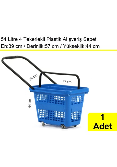 4 Tekerlek Plastik Alışveriş El Sepeti 54 Litre Mavi 1 Adet / En:42 Boy:54 Yükseklik:44 Cm