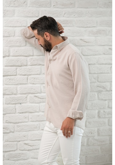 Regular Fit Yaka Düğmeli Yazlık Modal Kumaş Erkek Gömlek Krem