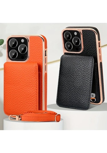 Turcoshop11 İphone 16 Promax İçin Siyah Yapay Deri Çapraz Telefon Kılıfı Kart Yuvası Askı Ve Ayak