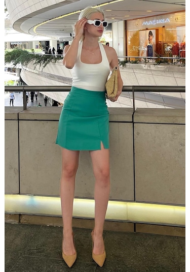 Madmext Yeşil Yüksek Bel Önden Yırtmaçlı Kısa Etek Mg2086 Yeşil