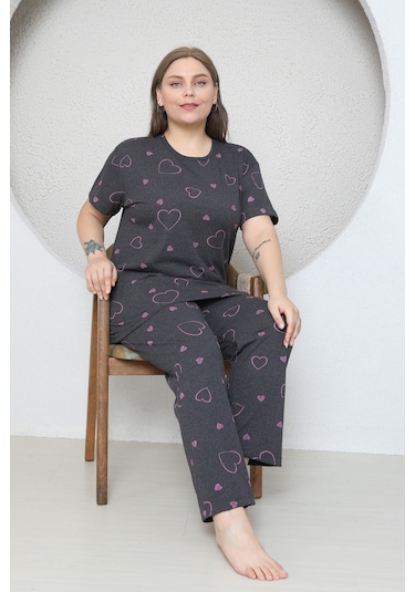 Fames Pijama Büyük Beden Pembe Kalp Desenli Pijama Takim Koyu Füme