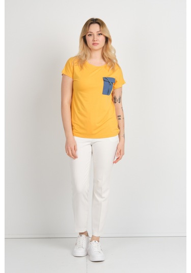 Sistas Kadın Düşük Kol Tek Cep Detaylı Bisiklet Yaka Bluz 24107 Sarı Sari