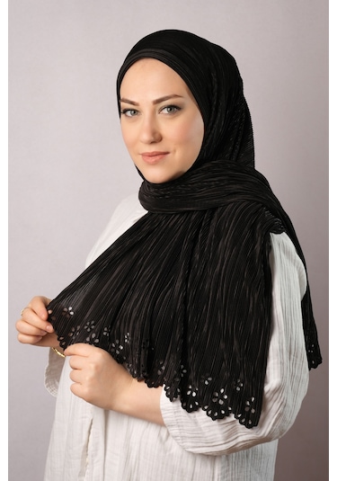 Siyah Pratik Hazır Geçmeli Tesettür Eşarp Fukuro Piliseli Çiçek D Siyah