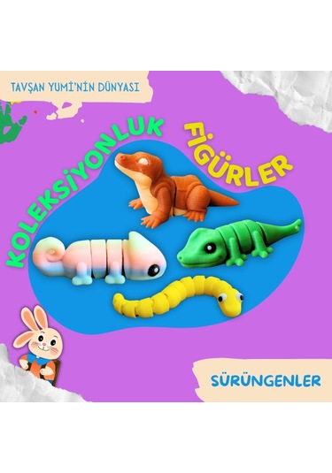 Tavşan Yumi Sürüngenler Koleksiyonu - 4 Parça 5-7 Cm Hareketli Oyuncaklar Ve Bilgilendirici Kartlar "