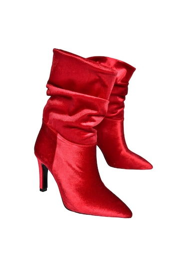Fox Shoes R404020339 Bordo Kadife İnce Topuklu Büzgülü Kadın Bot Bordo