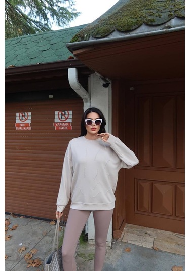 Cemo Günlük Uzun Kollu Bisiklet Yaka Basic Bluz/sweatshirt Bej