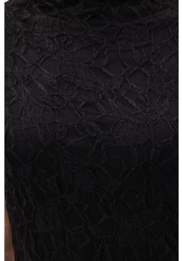 Sateen Dantel Kolsuz Elbise - Siyah-137060 Siyah