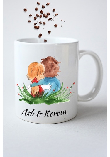 İsimli Kişiye Özel Romantik Sevgili Çift Baskılı Hediye Kupa Bardak Porselen Çay Kahve Fincanı Beyaz