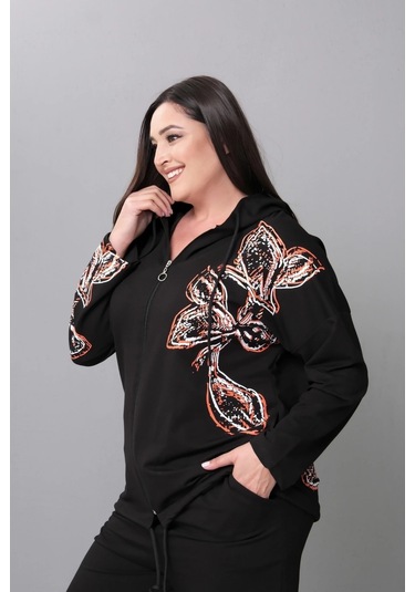 Kapüşonlu Fermuarlı Baskılı Takım Siyah