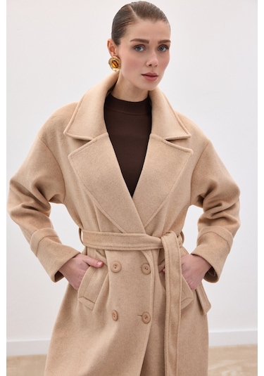 Sateen Beli Bağlamalı Uzun Kaban - Bej-136630 Bej