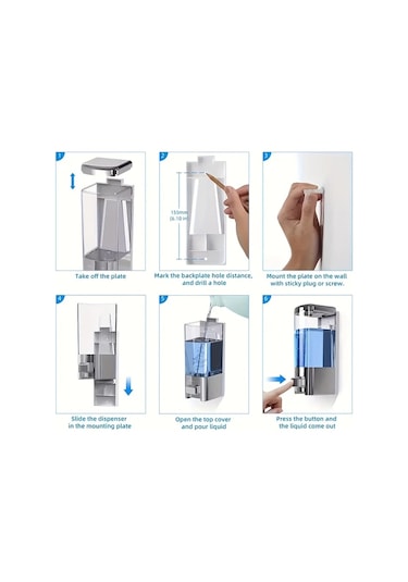 Xuweiwei 2 Adet Tatukıko Gümüş Duvara Monte Çift Başlı Sabunluk 500ml Manuel Basmalı Ftalatsız Plastik Şeffaf Gövde Mavi Sıvı Seviye Göstergeli Banyo Otel Ev Kullanımı Gümüş