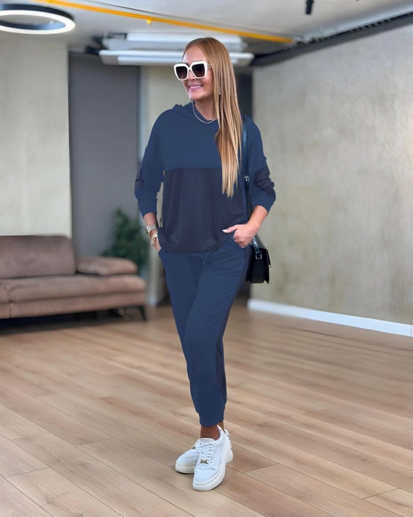 Tua Moda Kadın Uzun Kollu Kapşonlu Viskon Iki Iplik Bluz Ve Pantolon Ikili Takım Lacivert