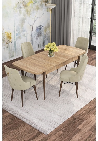 Mona Meşe 80x132 Açılabilir Mdf Masa Yemek Odası Takımı, Mutfak Takımı 4 Adet Sandalye Meşe Masa - 4 Bej - Ceviz Ayak