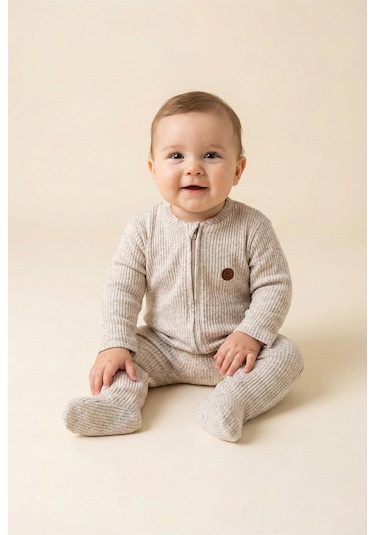 Luess Unisex Bebek Ayıcık Nakışlı Rahat Kalıp Tulum 0 Ay - 9 Ay Ekru