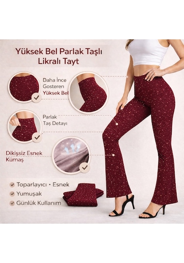 Enva Store Taşlı Tayt İspanyol Paça Likralı Bordo