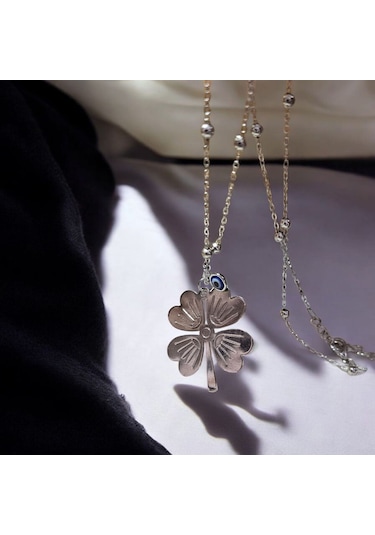 Gümüş Renk Dört Yapraklı Yonca Ve Nazar Boncuğu Kolye Şans Semb Gold