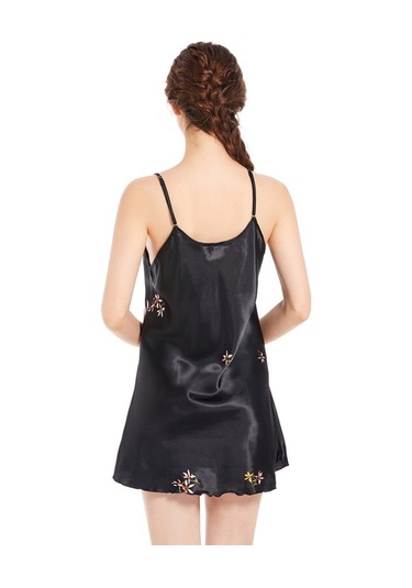 Sones V Yakalı Turna Desenli Kısa Askılı Etek Pijama Siyah