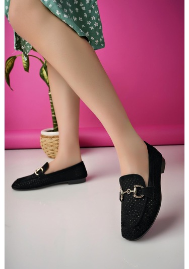 Muggo Phuket Garantili Metal Tokalı Lazerli Nefes Alabilen Deri Kadın Loafer Günlük Ayakkabı Siyah
