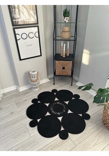 Bohem Jüt El Dokuma Halı Jüt İplik Halı Jüt Doğal Kilim Recycle Kilim Halı Jüt Örme Özel Tasarım Siyah