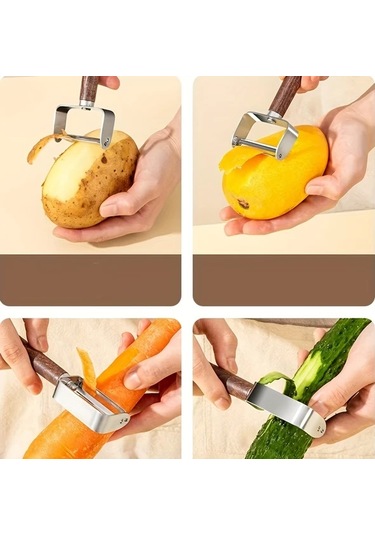 Techbloom 3 Parça Paslanmaz Çelik Soyacak Seti Akasya Ahşap Saplı Meyve Sebze Patates İçin 001 Siyah